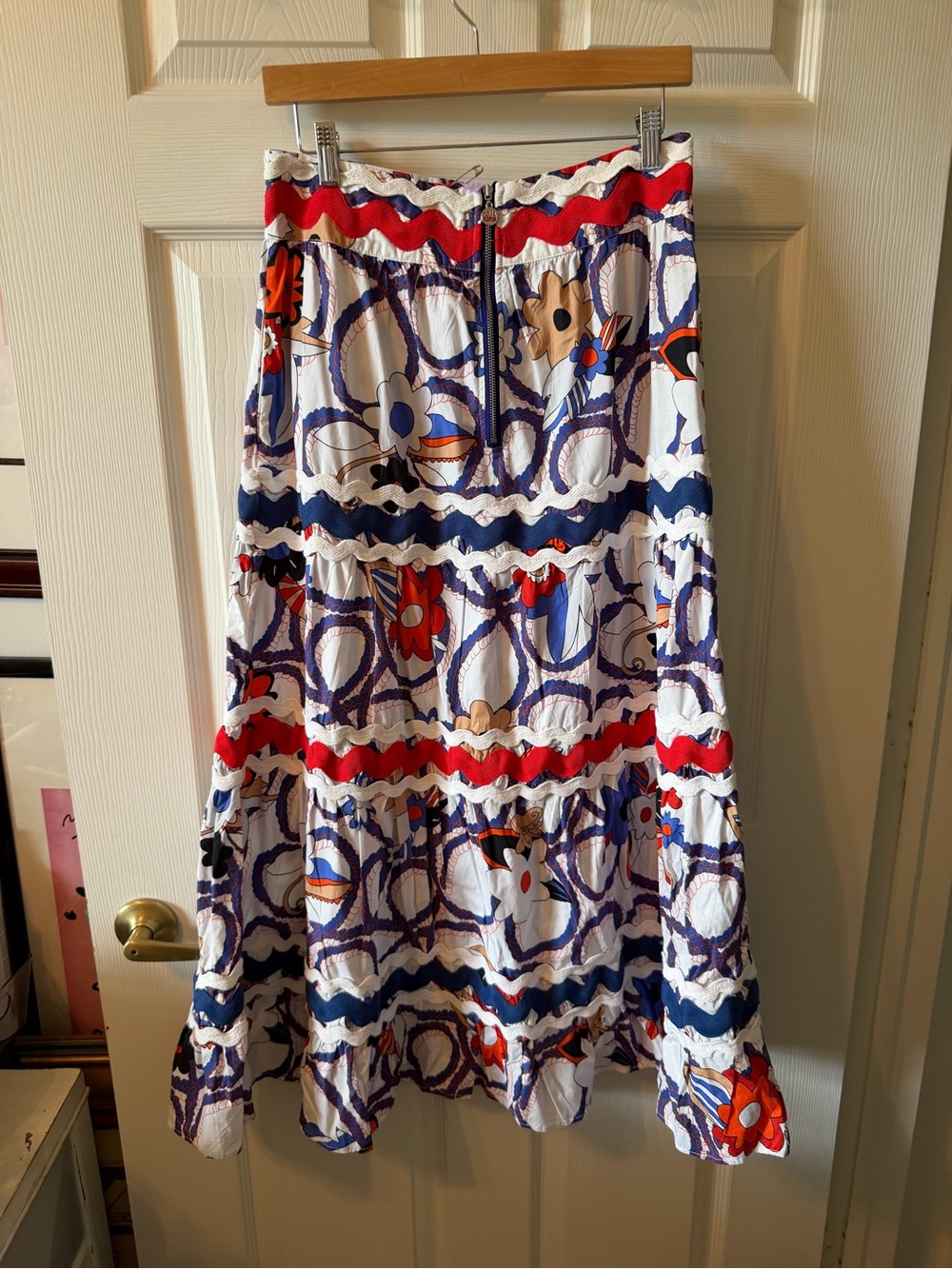CeliaB White A-Line Skirt with Red & Navy Floral Trim